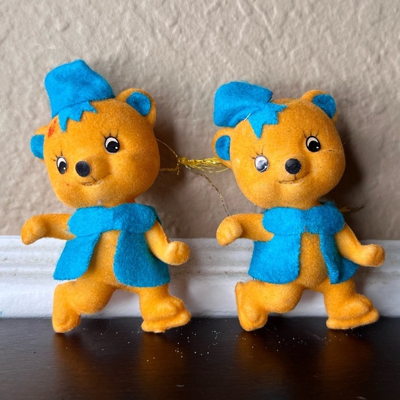 Vintage Flocked Bear Ornament Other - Vintage 80s Teddy Bear Ornament – Flocked Felt Bear – Ice Skater Holiday Decor​